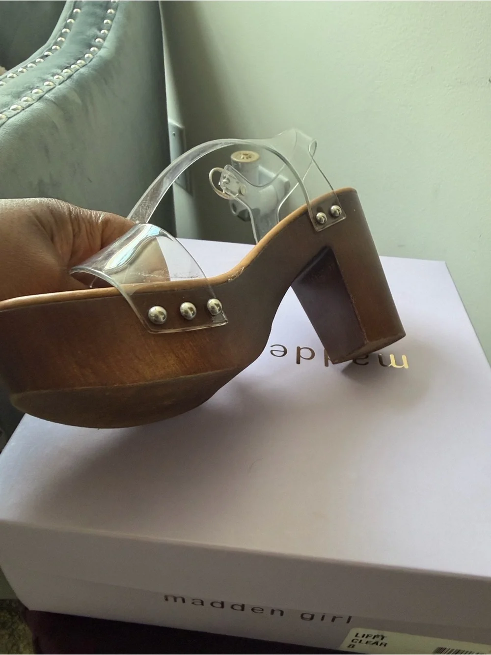 Madden Girl Clear Strap Wood-Effect Platform Sandals - Clear & Brown
